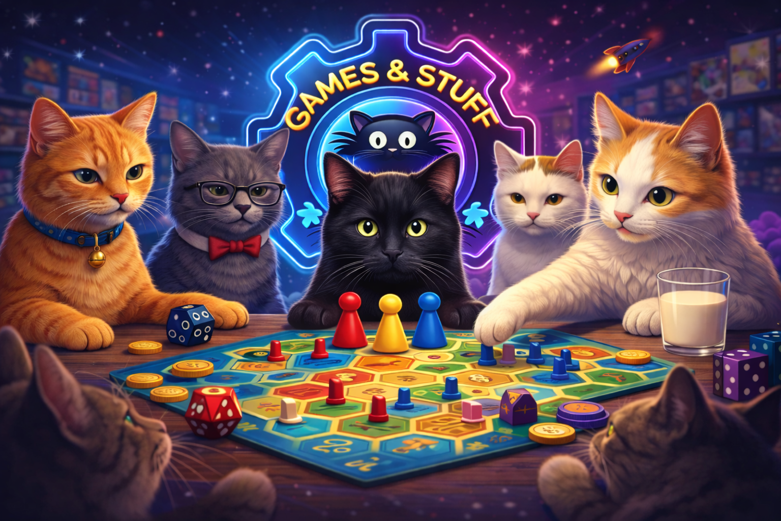 Cats playing a board game in Games & Stuff Studio style artwork
